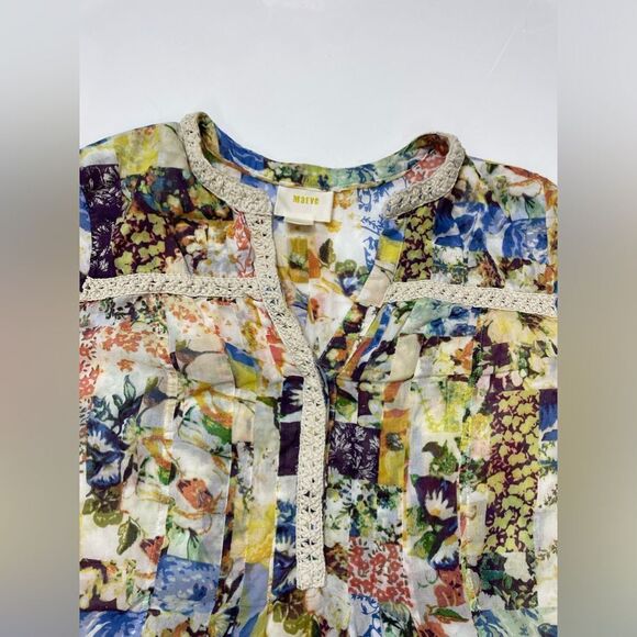 Maeve Anthropologie Abella Floral Patchwork Pin Tuck Cotton Blouse Women Size 2 - Picture 4 of 7